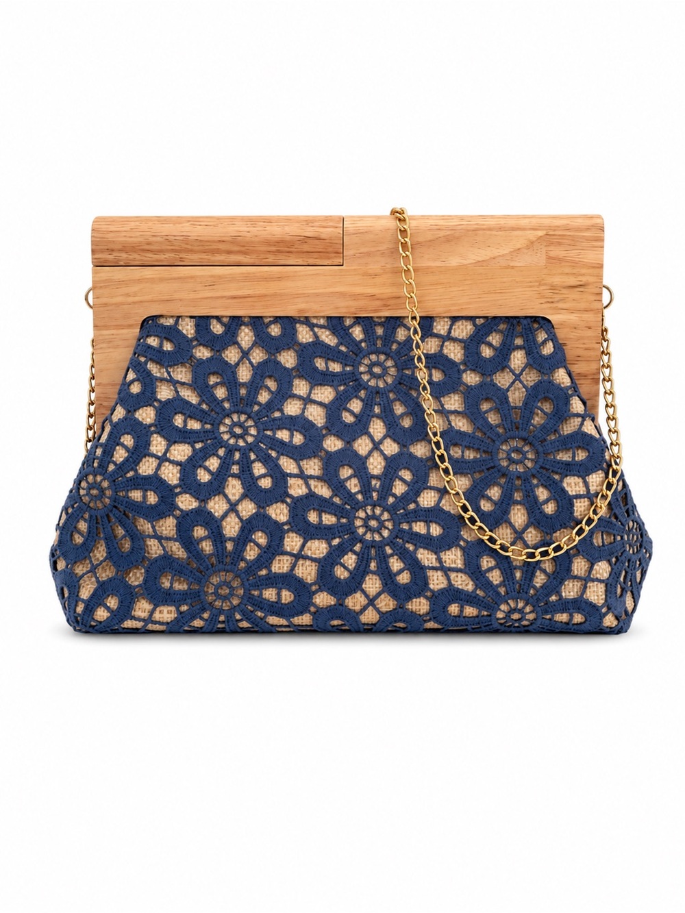 Navy Floral Lace Raffia Frame Shoulder Bag